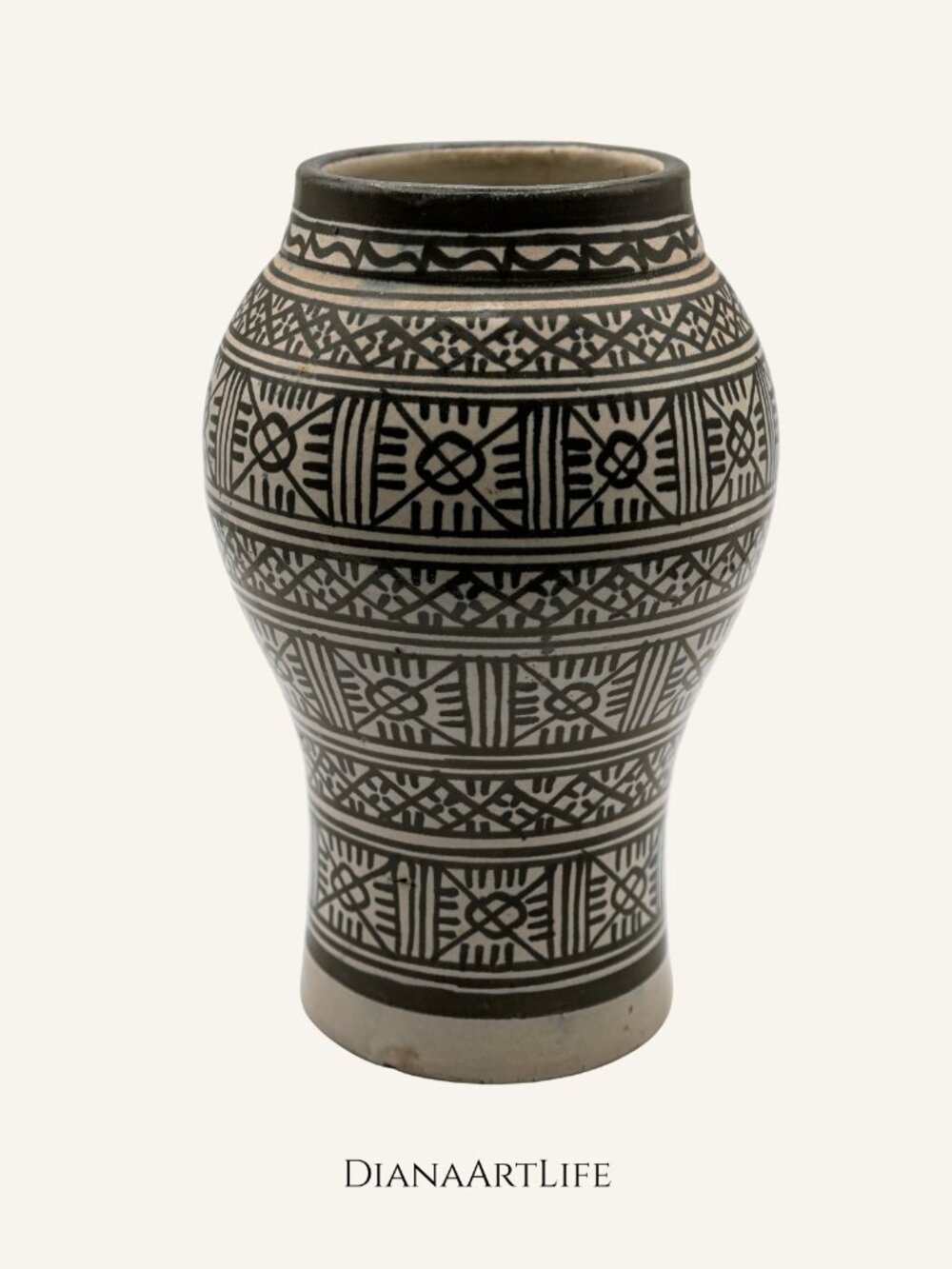 Vintage Moroccan Fez Blue and Beige Pottery Vase 7 inch tall Hand Made & Signed